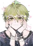  1boy ahoge amami_rantarou antenna_hair bangs blonde_hair blush closed_mouth collarbone danganronpa_(series) danganronpa_v3:_killing_harmony eyebrows_visible_through_hair face green_eyes green_hair hair_between_eyes hands_on_own_cheeks hands_on_own_face hands_up heart jewelry long_sleeves looking_at_viewer male_focus necklace raonal97 ring short_hair simple_background smile solo symbol_commentary translation_request upper_body white_background 