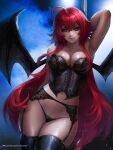  1girl abstract_background ahoge aqua_eyes armpits bare_shoulders bat_wings black_legwear black_panties blue_background breasts cleavage collarbone corset eyelashes garter_belt hair_between_eyes high_school_dxd large_breasts long_hair looking_at_viewer navel nextoad panties patreon_username pole red_hair rias_gremory solo thick_thighs thighhighs thighs underwear very_long_hair watermark wings 