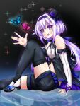  .live black_legwear blush bug butterfly carro_pino commentary_request detached_sleeves hair_between_eyes hat headband highres insect long_hair looking_at_viewer low_twintails navel open_mouth purple_eyes purple_hair shorts thighhighs twintails virtual_youtuber zegdos 