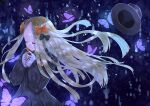  1girl abigail_williams_(fate/grand_order) absurdres blonde_hair bow bug butterfly closed_eyes closed_mouth dark_background eyebrows_visible_through_hair fate/grand_order fate_(series) hair_bow hair_ornament hands_up hat highres huge_filesize insect long_hair long_sleeves night orange_bow pink_butterfly sinobi_illust solo 