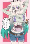  1girl belt chest_mouth commentary_request extra_mouth furry gradient_hair highres horns lisl(322_rs) midriff mirage(322_rs) monster_girl multicolored_hair open_mouth original sharp_teeth shorts teeth translation_request 