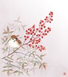  animal berries bird branch eurasian_tree_sparrow june_mina leaf no_humans original plant sparrow white_background 