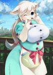  2018 4_fingers accessory alternate_version_at_source anthro apron big_breasts black_nose blue_eyes blush breasts button_(fastener) canid canine canis city cityscape clothed clothing cloud curvy_figure day detailed_background domestic_dog dress female fingers fur green_clothing hair hair_accessory happy hi_res huge_breasts kemono mammal nn_197069 one_eye_closed open_mouth open_smile outside overweight overweight_anthro overweight_female plant ponytail portrait sky smile solo tan_body tan_fur tan_hair three-quarter_portrait tongue tree voluptuous white_clothing wink 