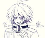  2boys ahoge armor bangs blush_stickers chibi chibi_inset danganronpa_(series) danganronpa_v3:_killing_harmony greyscale japanese_armor keebo looking_at_viewer male_focus monochrome multiple_boys open_mouth pointing pointing_at_viewer portrait raonal97 saihara_shuuichi short_hair shoulder_armor sketch smile sode translation_request upper_body 