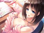  1girl areola_slip areolae bangs basket bead_necklace beads blue_eyes blurry blurry_background blush breasts brown_hair cleavage commentary_request covered_nipples eyebrows_visible_through_hair floral_print hasumi_(hasubatake39) highres holding holding_pen jewelry large_breasts long_sleeves looking_at_viewer looking_to_the_side medium_hair necklace notebook open_mouth original pen pencil_case pink_sweater print_skirt shiny shiny_skin shirt_pull sidelocks sitting skirt solo sweater table wavy_mouth white_skirt 