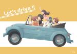  2boys 3girls absurdres black_hair blue_eyes brown_eyes brown_hair car convertible driving english_text floating_hair food french_fries ground_vehicle hamburger highres hino_miwa holding holding_food kuon_(08080018) long_hair looking_back looking_up mcdonald&#039;s mikado_reo mikagami_mimika minashiro_soushi_(2) motor_vehicle multiple_boys multiple_girls open_mouth pink_shirt red_hair shirt short_hair soukyuu_no_fafner toomi_maya vehicle_focus waving 