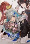  3girls ange_katrina bangs bird black_eyes black_jacket blue_hair blunt_bangs bouquet closed_eyes colored_inner_hair crying eyebrows_visible_through_hair feather_hair_ornament flower hair_behind_ear highres holding holding_bouquet inui_toko jacket jacket_on_shoulders lize_helesta looking_at_viewer looking_down monocle multicolored_hair multiple_girls nijisanji one_eye_closed open_mouth pink_flower pink_rose rose sebastian_piyodore short_hair squatting tears veerinly virtual_youtuber wa_maid white_hair wiping_tears 