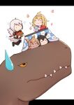  4girls :3 animal bangs black_hair black_legwear black_shirt blonde_hair blush brown_eyes brown_hair character_request closed_eyes closed_mouth commentary_request dark_skin dinosaur eyebrows_visible_through_hair fang fang_out flying granblue_fantasy grey_hair head_wings highres kotatsu letterboxed lucifer_(shingeki_no_bahamut) lying multiple_girls on_stomach pantyhose sharp_teeth shirt short_sleeves simple_background smile steam sweatdrop table teeth under_kotatsu under_table uneg white_background white_wings wings |_| 