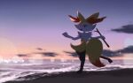  blurry braixen cloud commentary_request fangs gen_6_pokemon highres holding holding_stick lens_flare looking_back open_mouth outdoors pokemon pokemon_(creature) rend sky solo standing stick twilight 