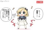  1girl bangs black_neckwear blonde_hair blue_eyes blue_sailor_collar chibi commentary_request dress eighth_note full_body gloves goma_(yoku_yatta_hou_jane) hat headphones janus_(kantai_collection) kantai_collection microphone musical_note open_mouth parted_bangs sailor_collar sailor_dress sailor_hat short_hair short_sleeves simple_background solo standing translated twitter_username wavy_mouth white_background white_dress white_gloves white_headwear 