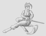  2020 akweer athletic bottomwear breasts clothing cross-hatching female hair hatching_(art) hooves invalid_tag katana loose_pants melee_weapon monochrome muscular pants shaded simple_background sportsbra sword weapon white_background 