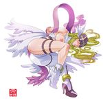  angewomon arms_behind_back ass asymmetrical_clothes bare_shoulders bdsm blonde_hair blue_eyes blush bondage boots bound bound_arms breasts digimon digimon_adventure feathers green_hair helmet high_heels large_breasts legs lips long_hair mismatched_footwear multiple_wings ribbon shoes solo sonobe_kazuaki thigh_strap wings 
