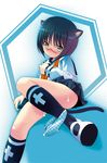  animal_ears black_legwear blue_panties blue_sailor_collar bob_cut busou_renkin cat_ears houmitsu panties panties_around_one_leg print_legwear sailor_collar socks solo striped tail tsumura_tokiko underwear vertical-striped_panties vertical_stripes 