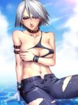  breast_hold breasts choker christie_(doa) dead_or_alive denim jeans large_breasts midriff pants purple_eyes redrop short_hair solo torn_clothes wet white_hair 