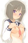  blue_sailor_collar bob_cut breast_suppress breasts busou_renkin kusaka_souji long_sleeves medium_breasts open_clothes open_shirt purple_eyes sailor_collar school_uniform shirt solo tsumura_tokiko 