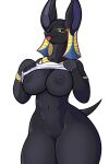 2021 2:3 anthro big_breasts black_body black_fur breasts clothed clothing danonymous egyptian female fur genitals hi_res looking_at_viewer nipples pussy raised_clothing simple_background solo tongue tongue_out white_background 