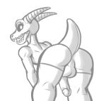  anthro anus balls bent_over genitals girly horn kobold looking_at_viewer looking_back lordflawn male monochrome nude penis reptile scalie simple_background sketch smile solo undead white_background 