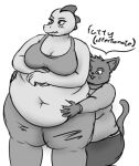  anthro anthro_on_anthro bea_santello belly belly_grab belly_overhang big_belly big_breasts black_and_white blush bottomwear breasts cleavage clothed clothing crocodilian crop_top deep_navel dialogue domestic_cat duo english_text felid feline felis female female/female front_view head_spines kneeling looking_at_another looking_at_belly looking_at_partner looking_away love_handles mae_borowski mammal midriff monochrome navel nervous night_in_the_woods non-mammal_breasts obese obese_anthro obese_female open_mouth open_smile overweight overweight_anthro overweight_female pants reptile scalie shirt simple_background smile spines standing text thick_thighs tight_clothing tight_shirt tight_topwear topwear video_games wavy_mouth wenisberry wide_hips 