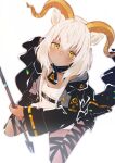  1girl akagashi_hagane animal_ears arknights beeswax_(arknights) boots dark_skin dark_skinned_female goat_horns horns long_coat looking_up sitting staff wariza white_background white_hair yellow_eyes 