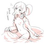  1girl :d aikatsu!_(series) aikatsu_friends! blanket bottomless breasts coco_(aikatsu) collarbone eyebrows_visible_through_hair headphones headphones_around_neck monochrome naked_shirt nipples no_bra open_clothes open_mouth open_shirt pillow shirt side_ponytail sketch small_breasts smile solo translated under_covers waking_up yoban 