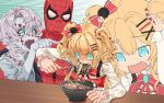  1girl 2boys akai_haato blonde_hair blue_eyes bug colored_eyelashes colored_sclera eating eyebrows_visible_through_hair food hair_ornament hairclip highres hololive japanese_clothes kimetsu_no_yaiba marvel meme multiple_boys noodles open_mouth panicking pointing ramen rui_(kimetsu_no_yaiba) sash spider-man spider-man:_into_the_spider-verse spider-man_(series) superhero tarantula virtual_youtuber wasabiyam white_hair woman_yelling_at_cat 