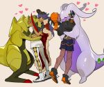  2boys baseball_cap black_hair black_hoodie cape champion_uniform commentary_request dark_skin dark_skinned_male dynamax_band earrings facial_hair fur-trimmed_cape fur_trim gen_5_pokemon gen_6_pokemon gloves goodra hat haxorus heart highres hood hoodie jewelry leon_(pokemon) long_hair male_focus multiple_boys partially_fingerless_gloves picube525528 pokemon pokemon_(creature) pokemon_(game) pokemon_swsh purple_hair raihan_(pokemon) red_cape shirt shoes short_shorts short_sleeves shorts side_slit side_slit_shorts standing white_shorts yellow_eyes 