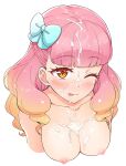  1girl ;p aikatsu!_(series) aikatsu_friends! bangs between_breasts blue_bow blunt_bangs blush bow breasts collarbone cropped_arms cropped_torso cum cum_on_body cum_on_breasts cum_on_hair eyebrows_visible_through_hair facial gradient_hair hair_bow half_updo long_hair looking_at_viewer medium_breasts multicolored_hair nipples nude one_eye_closed orange_hair pink_hair portrait simple_background solo tongue tongue_out upper_body white_background yoban yuuki_aine 