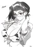  1girl 2021 animal_print bikini breasts chinese_zodiac chopsticks cleavage commentary covered_nipples cow_horns cow_print cowboy_bebop eating english_commentary fake_horns faye_valentine food front-tie_top glasses greyscale hand_in_hair horns large_breasts looking_at_viewer monochrome navel open_clothes open_shirt optionaltypo over-rim_eyewear print_bikini sashimi semi-rimless_eyewear short_hair solo strap_gap swimsuit upper_body year_of_the_ox 