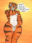  abs anthro big_biceps breasts dreamworks english_text felid female genitals hi_res kung_fu_panda looking_at_viewer mammal master_tigress muscular muscular_anthro muscular_female nipples nude oystercatcher7 pantherine pussy simple_background small_breasts solo speech_bubble stripes text thick_thighs tiger yellow_sclera 