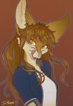  anthro big_ears breasts brown_body brown_fur brown_hair canid canine clothed clothing female fox fully_clothed fur hair hi_res licking licking_lips long_hair looking_at_viewer mammal markings multicolored_body multicolored_fur open_maw pink_tongue prudzin pupils shirt slit_pupils solo teeth tongue tongue_out topwear white_body white_fur yellow_eyes 
