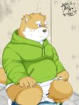  2021 anthro balls belly blue_eyes bottomwear brown_body brown_fur canid canine canis clothing domestic_dog fur genitals hi_res hoodie humanoid_genitalia humanoid_hands humanoid_penis kemono male mammal overweight overweight_anthro overweight_male pants peeing penis small_penis solo tanutronik753_k topwear underwear white_body white_fur young 