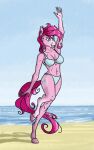  2019 akweer anthro beach bikini blue_eyes clothing equid equine female friendship_is_magic full-length_portrait gesture hair hi_res horse mammal my_little_pony pink_body pink_hair pinkie_pie_(mlp) pony portrait sand sea seaside sky swimwear water waving 