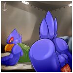  1:1 2021 aaron_(artist) anthro ass_up avian balls bent_over biceps big_balls big_butt bird blue_body blue_eyes blue_feathers border bottomless butt clothed clothing erection falco_lombardi falcon falconid feathers genitals hi_res looking_back male muscular muscular_anthro muscular_male nintendo penis perineum presenting presenting_hindquarters shirt solo star_fox tank_top topwear triceps vein veiny_penis video_games white_border 
