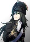  1girl absurdres black_headwear black_jacket epaulettes eyepatch gloves gold_trim green_eyes green_hair hand_up hat highres hussar jacket kantai_collection kiso_(kantai_collection) long_hair looking_to_the_side military military_hat military_uniform nashiki_053 remodel_(kantai_collection) shoulder_belt solo uniform white_gloves 
