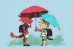  animal_crossing anthro beaver blonde_hair bodily_fluids c.j._(animal_crossing) chameleon child crying duo flick_(animal_crossing) hair horn lizard male mammal nintendo pasikon_mori raining red_body red_scales reptile rodent scales scalie tears umbrella video_games young 