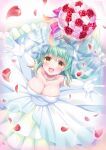  armpit_crease armpit_peek armpits blush bouquet breasts bridal_gauntlets bridal_veil bride dress fate/grand_order fate_(series) flower frilled_dress frilled_skirt frills gauntlets green_hair hand_up highres jewelry kiyohime_(fate/grand_order) lace large_breasts long_dress long_skirt medium_breasts necklace open_mouth pearl_(gemstone) pearl_necklace petals pink_flower pink_rose red_flower red_petals red_rose rose short_hair skirt sleeveless sleeveless_dress smile suzumia_(daydream) veil wedding wedding_dress white_dress white_skirt yellow_eyes 