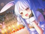  1girl :d animal_ear_fluff animal_ears bangs bare_shoulders birthday birthday_cake black_gloves blue_hair blue_ribbon blurry bokeh bra braid breasts bunny_ears cake candle carrot_hair_ornament depth_of_field detached_sleeves don-chan_(usada_pekora) dress dutch_angle eyebrows_visible_through_hair food food_themed_hair_ornament fur_scarf fur_trim gloves hair_ornament hand_on_own_cheek hand_on_own_face highres hololive lens_flare long_hair looking_ahead magowasabi open_mouth puffy_short_sleeves puffy_sleeves ribbon short_sleeves small_breasts smile solo twin_braids twintails underwear upper_body usada_pekora virtual_youtuber white_dress 