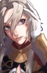  1girl bangs edelgard_von_hresvelg eyebrows_visible_through_hair fire_emblem fire_emblem:_three_houses gloves hair_between_eyes hand_in_hair highres long_hair looking_to_the_side oone0206 parted_lips portrait purple_eyes purple_ribbon ribbon silver_hair sketch solo white_background white_gloves 