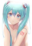  1girl bangs blue_eyes blue_hair breasts character_name cleavage collarbone completely_nude eyebrows_visible_through_hair hair_between_eyes hair_over_breasts hatsune_miku long_hair looking_at_viewer nanase_(nns_6077) nude number parted_lips shiny shiny_hair simple_background small_breasts solo tattoo twintails upper_body vocaloid white_background 