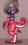  absurd_res ambiguous_gender anthro armor bottomless butt clothed clothing digitigrade empty_eyes headgear helmet hi_res kobold melee_weapon pauldron raised_tail rapier red_body scalie scarf smoke solo standing sword tfzn weapon 