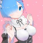  1girl bangs black_bow blue_eyes blue_hair blush bow breasts cleavage closed_mouth dated detached_sleeves dress frills hair_ornament hair_over_one_eye hair_ribbon highres kurosu_tsugutoshi large_breasts lips looking_at_viewer maid maid_headdress pink_ribbon re:zero_kara_hajimeru_isekai_seikatsu rem_(re:zero) ribbon roswaal_mansion_maid_uniform short_hair signature simple_background solo upper_body white_bow x_hair_ornament 