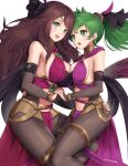  2girls :o absurdres alternate_costume breasts brown_hair dancer dorothea_arnault earrings fire_emblem fire_emblem:_genealogy_of_the_holy_war fire_emblem:_three_houses fire_emblem_heroes gonzarez green_eyes green_hair hair_ornament highres holding_hands jewelry lene_(fire_emblem) loincloth long_hair multiple_girls nail_polish navel open_mouth pantyhose ponytail skin_tight smile stomach white_background 