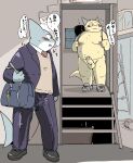  2021 absurd_res anthro balls blush bonedra bottomwear brown_body clothing duo erection fish genitals hi_res japanese_text kemono male male/male marine moobs nipples overweight overweight_male pants penis shark shirt text topwear 