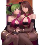  2girls a_(user_vtsy8742) alternate_costume bangs breasts brown_hair closed_mouth dancer dorothea_arnault earrings fire_emblem fire_emblem:_genealogy_of_the_holy_war fire_emblem:_three_houses fire_emblem_heroes green_eyes green_hair hair_ornament headpiece highres holding_hands jewelry large_breasts lene_(fire_emblem) lips long_hair multiple_girls nail_polish pantyhose skin_tight 