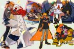  1boy 1girl backpack bag black_hair blush bob_cut boots brown_bag brown_eyes brown_footwear brown_hair cardigan character_name claw_pose clenched_teeth commentary_request dark_skin dark_skinned_male dress duraludon dynamax_band gen_3_pokemon gen_4_pokemon gen_6_pokemon gen_8_pokemon gloria_(pokemon) goomy green_headwear grey_cardigan gym_leader hat holding hood hooded_cardigan hoodie musical_note orange_headwear picube525528 plaid plaid_scarf pokemon pokemon_(game) pokemon_swsh raihan_(pokemon) rotom rotom_phone scarf shared_scarf shoes short_hair sitting smile standing star_(symbol) tam_o&#039;_shanter teeth torkoal train_interior trainer_card 