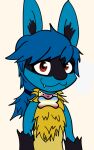 accessory anthro blue_body blue_fur blue_hair bunny_ears_(cosmetic) chest_tuft collar fangs fur hair hair_accessory hair_tie hi_res lucario made_in_abyss male nanachi nintendo pedophilia_pride_colors pok&eacute;mon pok&eacute;mon_(species) portrait red_eyes smile solo straydoggo tuft updated video_games 