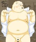  2021 anthro balls belly blush clothed clothing flaccid fur genitals hi_res humanoid_hands kemono male mammal moobs nipples open_clothing open_shirt open_topwear overweight overweight_anthro overweight_male penis polar_bear shirt small_penis solo tanutronik753_k topwear ursid ursine white_body white_fur young 