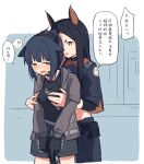  2girls animal_ears arknights bangs black_gloves black_hair breasts brown_eyes cat_ears chinese_commentary chinese_text coldcat. collar commentary dobermann_(arknights) dog_ears gloves green_eyes groping gun holding holding_gun holding_weapon jessica_(arknights) long_sleeves medium_breasts midriff mole mole_under_eye multiple_girls open_mouth sweat translation_request trembling weapon yuri 