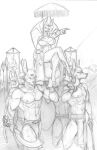  anthro anubian_jackal banner blackfox85 bottomwear breasts canid canine canis chair clothing crossed_legs deity female furniture gesture group hi_res jackal loincloth male male/female mammal melee_weapon monochrome muscular muscular_male pointing polearm royalty small_breasts spear sword tauret weapon 