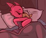  anthro bed clothed clothing cuddling eyes_closed female furniture horn hug kobold on_bed pillow pink_body plushie scalie sleeping solo tfzn young 